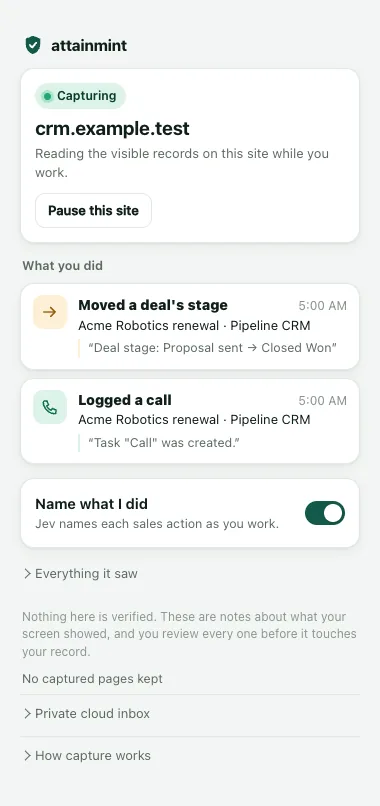 The browser extension logging a deal as it moves.