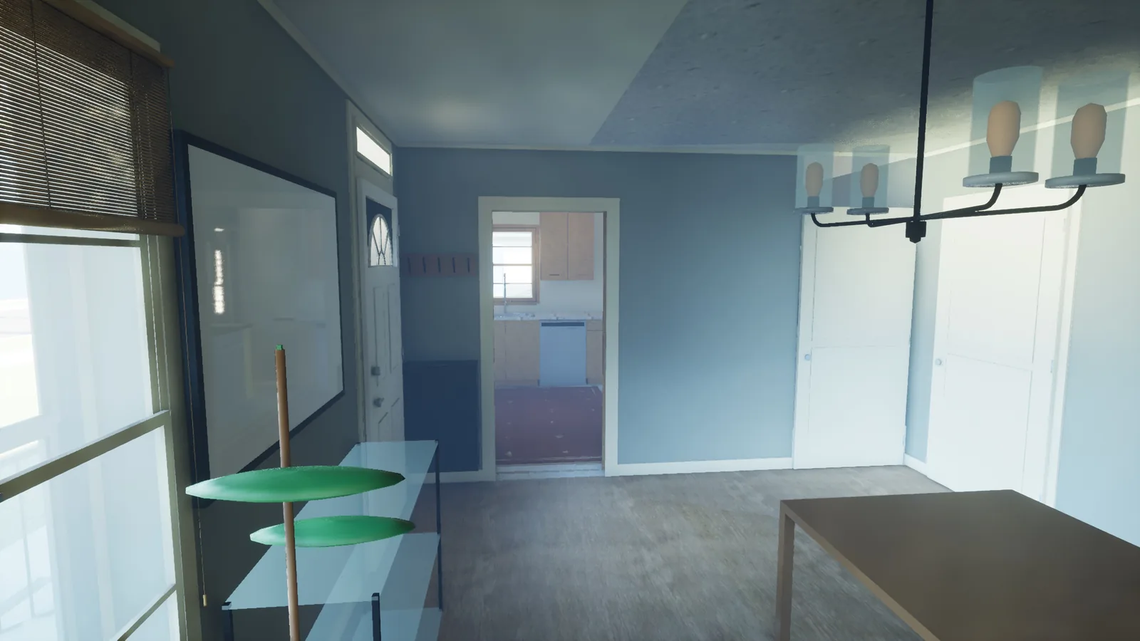 The dining room in Unreal Engine, lit only by its windows.