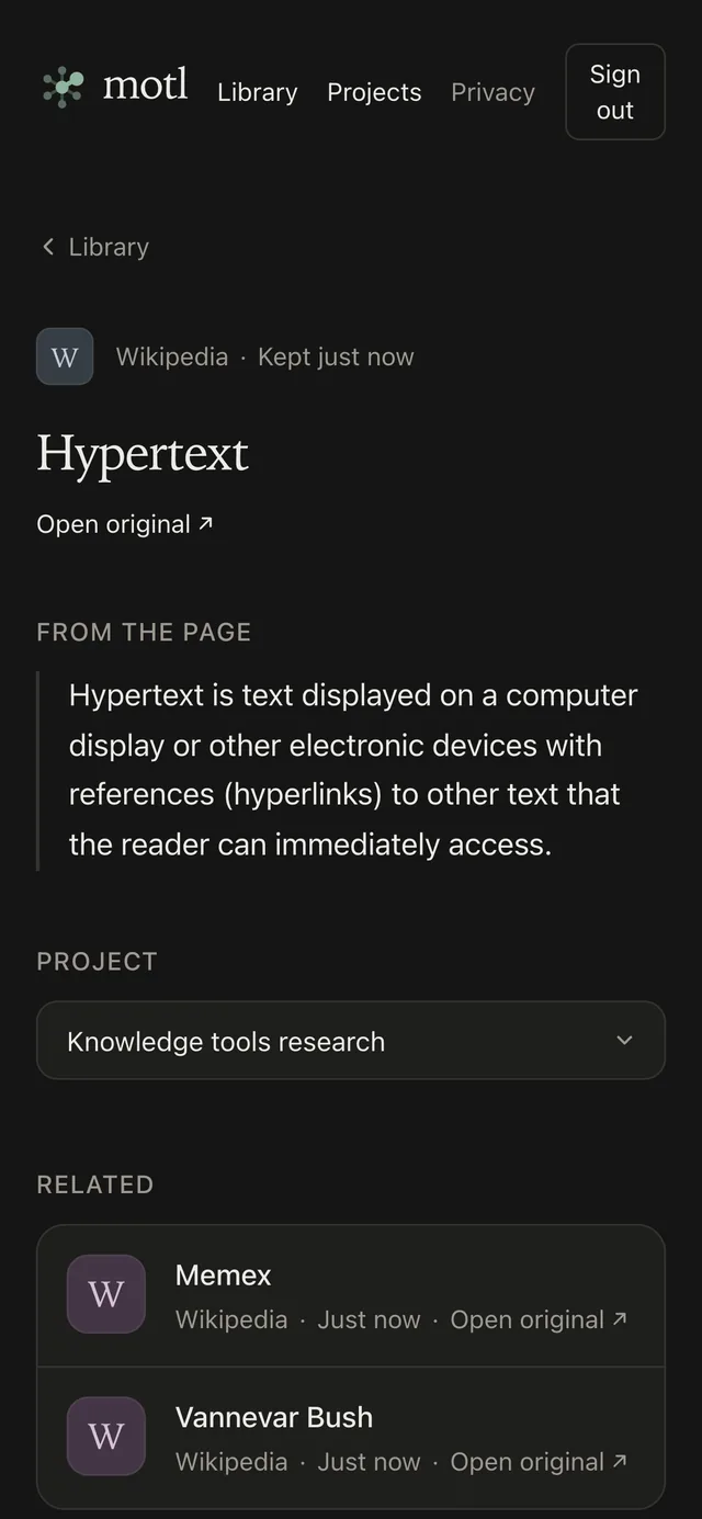 One kept page, and what it connects to.