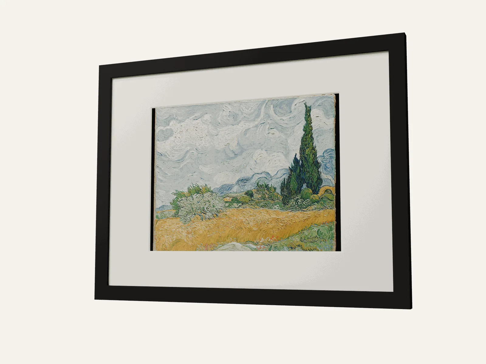The frame, holding Van Gogh's Wheat Field with Cypresses.
