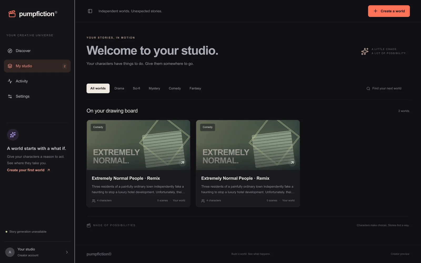 Your studio: the worlds you've started.